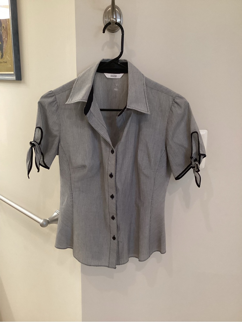 Marks & Spencer Grey Pinstripe Short Sleeve Blouse with Black Trim